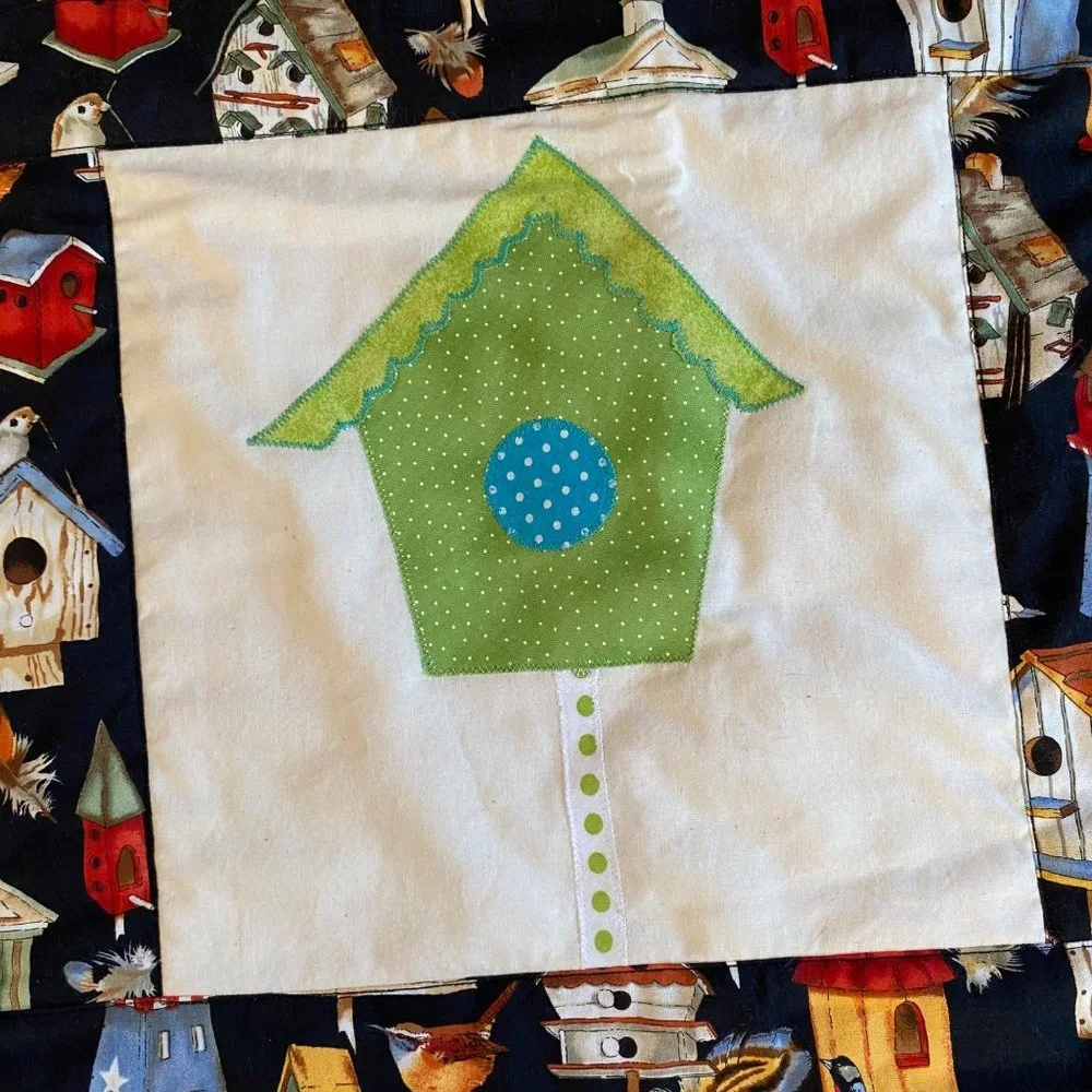 Birdhouses applique quilt wall‎ art embroidered polka dot floral 37x25